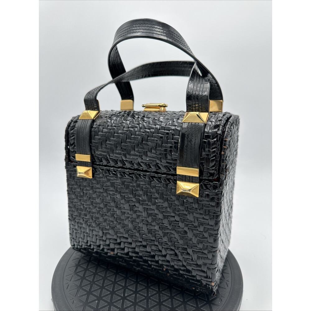 Vintage RODO Black Lacquered Wicker Basket Satchel Handbag